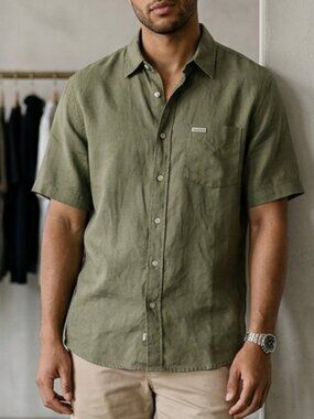 Vintage Calvin Klein Jeans Olive Linen S/S Button Down Shirt Size M Medium